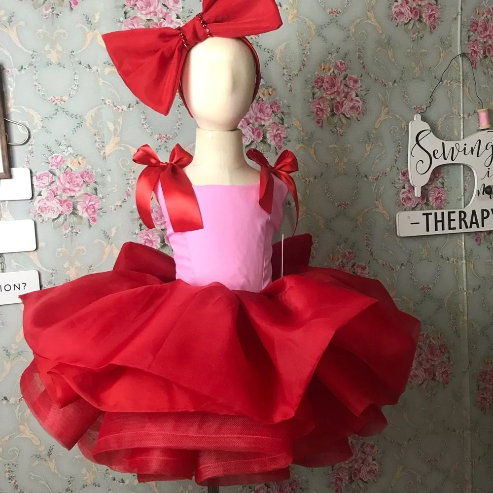 Pink and Red Girls' (Mother and daughter) Party Tutu Dress with Satin Bows